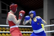 25 February 2021; Sennur Demir of Turkey, right, and Aoife O'Rourke of Ireland compete in their women's middleweight 75kg quarter-final at the AIBA Strandja Memorial Boxing Tournament Quarter-Finals in Sofia, Bulgaria. Photo by Alex Nicodim/Sportsfile