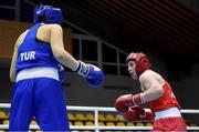 25 February 2021; Aoife O'Rourke of Ireland, right, and Sennur Demir of Turkey compete in their women's middleweight 75kg quarter-final at the AIBA Strandja Memorial Boxing Tournament Quarter-Finals in Sofia, Bulgaria. Photo by Alex Nicodim/Sportsfile