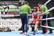 25 February 2021; Aoife O'Rourke of Ireland with coaches Zauri Antia, left, and Dmitry Dmitruk during her women's middleweight 75kg quarter-final with Sennur Demir of Turkey at the AIBA Strandja Memorial Boxing Tournament Quarter-Finals in Sofia, Bulgaria. Photo by Alex Nicodim/Sportsfile