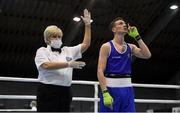 25 February 2021; Brendan Irvine of Ireland is declared victorious over Bashkim Bajoku of Kosovo following their men's flyweight 52kg quarter-final bout at the AIBA Strandja Memorial Boxing Tournament in Sofia, Bulgaria. Photo by Alex Nicodim/Sportsfile