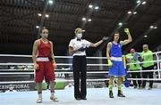 25 February 2021; Stoyka Krasteva of Bulgaria, right, is declared victorious over Wassila Lkhadiri of France following their women's flyweight 51kg quarter-final bout at the AIBA Strandja Memorial Boxing Tournament in Sofia, Bulgaria. Photo by Alex Nicodim/Sportsfile