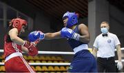 25 February 2021; Possantos Perejra of Brazil and Rabab El Khalfi of Morocco during their women's middleweight 75kg quarter-final bout at the AIBA Strandja Memorial Boxing Tournament in Sofia, Bulgaria. Photo by Alex Nicodim/Sportsfile