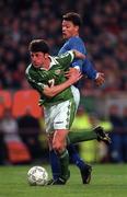 10 November 1996; Andy Townsend of Republic of Ireland in action against Helgi Sigur sson of Iceland during the FIFA World Cup 1998 Group 8 Qualifying match between Republic of Ireland and Iceland at Lansdowne Road in Dublin. Photo by Brendan Moran/Sportsfile