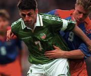 21 May 1997; Andy Townsend of Republic of Ireland in action against Christoph Frick of Liechtenstein during the FIFA World Cup 1998 Group 8 Qualifying match between Republic of Ireland and Liechtenstein at Lansdowne Road in Dublin. Photo by Brendan Moran/Sportsfile