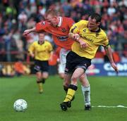 4 May 1997; Brian Flood of Shelbourne in action against Paul Hegarty of Derry City during the FAI Cup Final match between Derry City and Shelbourne at Dalymount Park in Dublin. Photo by Brendan Moran/Sportsfile