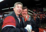 4 May 1997; Shelbourne manager Damien Richardson, right, and goalkeeping coach Fred Davis celebrate following their side's victory during the FAI Cup Final match between Derry City and Shelbourne at Dalymount Park in Dublin. Photo by Brendan Moran/Sportsfile