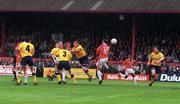 4 May 1997; Dave Campbell of Shelbourne, centre, heads to score his side's first goal during the FAI Cup Final match between Derry City and Shelbourne at Dalymount Park in Dublin. Photo by Brendan Moran/Sportsfile