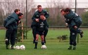 27 April 1997; Republic of Ireland players, from left, David Connolly, Gary Kelly, Richard Dunne, Denis Irwin, Gary Breen and Ray Houghton during a training session at AUL Complex in Clonshaugh, Dublin. Photo by Brendan Moran/Sportsfile