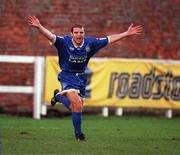 22 November 1998; Karl Gannon of Waterford celebrates after scoring hsi side's first goal during the Harp Lager National League Premier Division between UCD and Waterford at Belfield Park in Dublin. Photo By Brendan Moran/Sportsfile.
