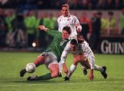 14 October 1998; Niall Quinn of Republic of Ireland in action against Darren Debona of Malta during the UEFA EURO 2000 Group 8 Qualifying match between Republic of Ireland and Malta at Lansdowne Road in Dublin. Photo by Matt Browne/Sportsfile
