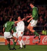 14 October 1998; Niall Quinn of Republic of Ireland, right, celebrates with team-mate Gary Breen after scoring his side's fourth goal during the UEFA EURO 2000 Group 8 Qualifying match between Republic of Ireland and Malta at Lansdowne Road in Dublin. Photo by David Maher/Sportsfile