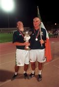 26 July 1998; Republic of Ireland manager Brian Kerr, left, and coach Noel O'Reilly celebrate with the trophy following their side's victory during the UEFA European Under-18 Championship Final against Germany at GSZ Stadium in Larnaca, Cyprus. Photo by David Maher/Sportsfile