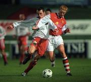 23 October 1998; Stephen McGuinness of St Patrick's Athletic in action against Ollie Cahill of Cork City during the Harp Lager National League Premier Division match between St Patrick's Athletic and Cork City at Richmond Park in Dublin. Photo by Damien Eagers/Sportsfile