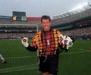 18 June 1994; Packie Bonner of Republic of Ireland celebrates following his side's victory during their FIFA World Cup 1994 Group E match against Italy at Giants Stadium in New Jersey, USA. Photo by Ray McManus/Sportsfile