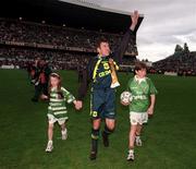 18 May 1997; Packie Bonner, with his children Melissa and Andrew, salutes the crowd following the Packie Bonner Testimonial match between Republic of Ireland XI and Celtic at Lansdowne Road in Dublin. Photo by Brendan Moran/Sportsfile