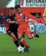 11 October 1998; Pat Fenlon of Shelbourne in action against Trevor Croly of St Patrick's Athletic during the Harp Lager National League Premier Division match between Shelbourne and St Patrick's Athletic Tolka Park in Dublin. Photo by David Maher/Sportsfile