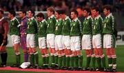 21 May 1997; Republic of Ireland players, from left, Andy Townsend, Shay Given, Mark Kennedy, Ray Houghton, Steve Staunton, Gary Kelly, Ian Harte, David Connolly, Jeff Kenna, Roy Keane, Kenny Cunningham prior to the FIFA World Cup 1998 Group 8 Qualifying match between Republic of Ireland and Liechtenstein at Lansdowne Road in Dublin. Photo by David Maher/Sportsfile