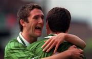 5 September 1998; Denis Irwin of Republic of Ireland, right, is congratulated by team-mate Robbie Keane, left, after scoring his side's first goal during the UEFA EURO 2000 Group 8 Qualifying match between Republic of Ireland and Croatia at Lansdowne Road in Dublin. Photo by Matt Browne/Sportsfile