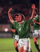 14 October 1998; Robbie Keane of Republic of Ireland celebrates after scoring his side's first goal during the UEFA EURO 2000 Group 8 Qualifying match between Republic of Ireland and Malta at Lansdowne Road in Dublin. Photo by Matt Browne/Sportsfile