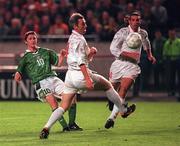 14 October 1998; Robbie Keane of Republic of Ireland shoots to score his side's second goal during the UEFA EURO 2000 Group 8 Qualifying match between Republic of Ireland and Malta at Lansdowne Road in Dublin. Photo by Matt Browne/Sportsfile
