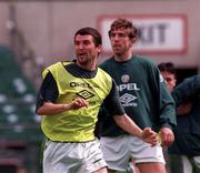 20 May 1997; Roy Keane, left, and Gareth Farrelly during a Republic of Ireland training session at Lansdowne Road in Dublin. Photo by David Maher/Sportsfile