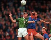 21 May 1997; Roy Keane of Republic of Ireland in action against Thomas Hanselmann of Liechtenstein during the FIFA World Cup 1998 Group 8 Qualifying match between Republic of Ireland and Liechtenstein at Lansdowne Road in Dublin. Photo by Brendan Moran/Sportsfile