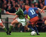 21 May 1997; Roy Keane of Republic of Ireland in action against Daniel Frick of Liechtenstein during the FIFA World Cup 1998 Group 8 Qualifying match between Republic of Ireland and Liechtenstein at Lansdowne Road in Dublin. Photo by Brendan Moran/Sportsfile