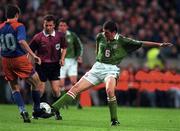 21 May 1997; Roy Keane of Republic of Ireland in action against Peter Klaunzer of Liechtenstein during the FIFA World Cup 1998 Group 8 Qualifying match between Republic of Ireland and Liechtenstein at Lansdowne Road in Dublin. Photo by Brendan Moran/Sportsfile