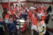 4 May 1997; Shelbourne players and staff celebrate in the dressing room following their side's victory during the FAI Cup Final match between Derry City and Shelbourne at Dalymount Park in Dublin. Photo by David Maher/Sportsfile