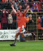 4 May 1997; Stephen Geoghegan of Shelbourne celebrates after scoring his side's second goal during the FAI Cup Final match between Derry City and Shelbourne at Dalymount Park in Dublin. Photo by Brendan Moran/Sportsfile