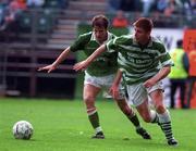18 May 1997; Tommy Johnson of Celtic in action against Kenny Cunningham of Republic of Ireland XI during Packie Bonner Testimonial match between Republic of Ireland XI and Celtic at Lansdowne Road in Dublin. Photo by Brendan Moran/Sportsfile