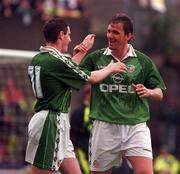 18 May 1997; Mark Kennedy of Republic of Ireland XI, left, is congratulated by team-mate Tony Cascarino after scoring his side's second goal during the Packie Bonner Testimonial match between Republic of Ireland XI and Celtic at Lansdowne Road in Dublin. Photo by Brendan Moran/Sportsfile