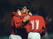 26 Sept 1998; Tony Sheridan of Shelbourne, centre, is congratulated by team-mates Liam Kelly, left, and James Keddy, right, after scoring his side's first goal during the Harp Lager National League Premier Division match between Shelbourne and Sligo Rovers at Tolka Park in Dublin. Photo by David Maher/Sportsfile