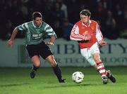 6 November 1998; Trevor Molloy of St Patrick's Athletic in action against Alan Smith of Bray Wanderers during the Harp Lager National League Premier Division match between St Patrick's Athletic and Bray Wanderers at Richmond Park in Dublin. Photo by Brendan Moran/Sportsfile