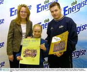 30 January 2004; Dublin Footballer and Chief Executive of the GPA Dessie Farrell and Lynne Malone, C&C, pictured with Lisa Murphy from Cnoc Mhuire, Senior School, Killinarden, Tallaght, at the presentation of a full kit of gear to the boys and girls Gaelic teams by the C&C group( Club Energise). Picture credit; Matt Browne / SPORTSFILE *EDI*