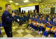 30 January 2004; Dublin Footballer and Chief Executive of the GPA Dessie Farrell, speaking to pupils from Cnoc Mhuire, Senior School, Killinarden, Tallaght, at the presentation of a full kit of gear to the boys and girls Gaelic teams by the C&C group( Club Energise). Picture credit; Matt Browne / SPORTSFILE *EDI*