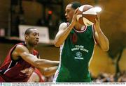 31 January 2004; Mylo Brooks, Team Merry Monk, Ballina, in action against DJ Harrison, Mardyke UCC Demons. ESB National Cup 2004, Senior Men's Semi-Final, Mardyke UCC Demons v Team Merry Monk, Ballina, The ESB Arena, Tallaght, Dublin. Picture credit; David Maher / SPORTSFILE *EDI*