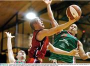 31 January 2004; Mark Michels, Mardyke UCC Demons, in action against Wayne Houston and Fergus Foody, Team Merry Monk, Ballina. ESB National Cup 2004, Senior Men's Semi-Final, Mardyke UCC Demons v Team Merry Monk, Ballina, The ESB Arena, Tallaght, Dublin. Picture credit; David Maher / SPORTSFILE *EDI*