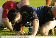 31 January 2004; Brian O'Meara, Leinster Lions, scores his sides first try despite the attentions of Petru Balan, Biarritz Olympique. Heineken European Cup 2003-2004, Pool 3, Round 6, Biarritz Olympique v Leinster Lions, Parc des Sports Aguilera, Biarritz, France. Picture credit; Pat Murphy / SPORTSFILE *EDI*