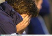 31 January 2004; Shane Byrne, Leinster Lions, holds his head in his hands after defeat to Biarritz Olympique. Heineken European Cup 2003-2004, Pool 3, Round 6, Biarritz Olympique v Leinster Lions, Parc des Sports Aguilera, Biarritz, France. Picture credit; Pat Murphy / SPORTSFILE *EDI*
