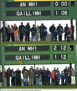 1 February 2004; The scoreboard in the 23rd minute, before the first point for Meath, and the scoreboard (below) as the Meath supporters celebrate at the final whistle. Allianz National Football League Division 1B, Meath v Galway, Pairc Tailteann, Navan, Co. Meath. Picture credit; Ray McManus / SPORTSFILE *EDI*