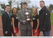 2 February 2004; Pictured at the announcement of the nominees for the PFAI Player of the Year Awards 2004 are from left to right, Alan Kelly, Area Sales Manager Irish Mirror, Margaret Keenan, James Kelly, general manager Sanyo Ireland, Liza Kierans and Stephen McGuinness, Chairman of the PFAI. ALSAA, Dublin Airport, Dublin. Picture credit; Damien Eagers / SPORTSFILE *EDI*