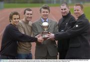 2 February 2004; Pictured at the announcement of the nominees for the PFAI Player of the Year Awards 2004 are from left to right Award nominees Kevin Hunt, Bohemians , Jason Byrne, Shelbourne, James Kelly, general manager Sanyo Ireland, Colin Hawkins, Bohemians and Stephen McGuinness, chairman of the PFAI. Picture credit; Damien Eagers / SPORTSFILE *EDI*