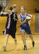 3 February 2004; Ciara Coone, (10) Grennan College, Thomastown, in action against Tara Kennedy, St Mary's, Ballina. All-Ireland Schools Cup Basketball, Under 19 C Final, Grennan College, Thomastown, Thomastown, Co. Kilkenny v St Mary's, Ballina, Co. Mayo, The ESB Arena, Tallaght, Dublin. Picture credit; Damien Eagers / SPORTSFILE *EDI*