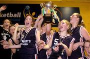 3 February 2004; St Mary's players Sharon Lannigan (front left) and Tara Kennedy (5) celebrate after victory over Grennan College, Thomastown. All-Ireland Schools Cup Basketball, Under 19 C Final, Grennan College, Thomastown, Co. Kilkenny v St Mary's, Ballina, Co. Mayo, The ESB Arena, Tallaght, Dublin. Picture credit; Damien Eagers / SPORTSFILE *EDI*