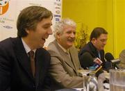 3 February 2004; FAI President Milo Corcoran, centre, in jovial mood with John Delaney, FAI Treasurer, left, and Fran Rooney, Chief Executive of the FAI, right, at a fixtures meeting in the Burlington Hotel, Dublin, for the 2006 FIFA World Cup Qualifying games involving France, Republic of Ireland, Switzerland, Israel, Cyprus, Faroe Islands. Picture credit; Pat Murphy / SPORTSFILE *EDI*