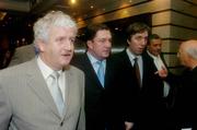 3 February 2004; FAI President, Milo Corcoran, left, with Fran Rooney, centre, Chief Executive FAI and John Delaney, Treasurer, FAI,  at the end of a fixtures meeting in the Burlington Hotel, Dublin, for the 2006 FIFA World Cup Qualifying games involving France, Republic of Ireland, Switzerland, Israel, Cyprus, Faroe Islands. Picture credit; David Maher / SPORTSFILE *EDI*