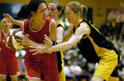 4 February 2004; Aimee O'Hanlon, Holy Faith Clontarf, in action against Lauren Ni Dhubhshlaine, right, and Susan Ni Fhogartaigh, Colaiste Iosagain. All-Ireland Schools Cup Finals, U16A, Holy Faith Clontarf v Colaiste Iosagain, ESB Arena, Tallaght, Dublin. Picture credit; Pat Murphy / SPORTSFILE *EDI*