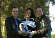 5 February 2004; Ireland and Ulster out-half David Humphreys was today named as Guinness Draught Can Irish Celtic League Player of the Month for December. Pictured with David is Ronan Beirne, Guinness Brand Manager and model Andrea Roche. Picture credit; Brendan Moran / SPORTSFILE *EDI*