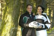 5 February 2004; Ireland and Ulster out-half David Humphreys was today named as Guinness Draught Can Irish Celtic League Player of the Month for December. Pictured with David is model Andrea Roche. Picture credit; Brendan Moran / SPORTSFILE *EDI*